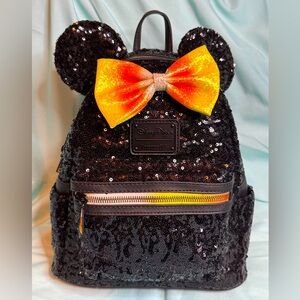 Loungefly x Disney Minnie Mouse Candy Corn Black Sequin Backpack - EUC